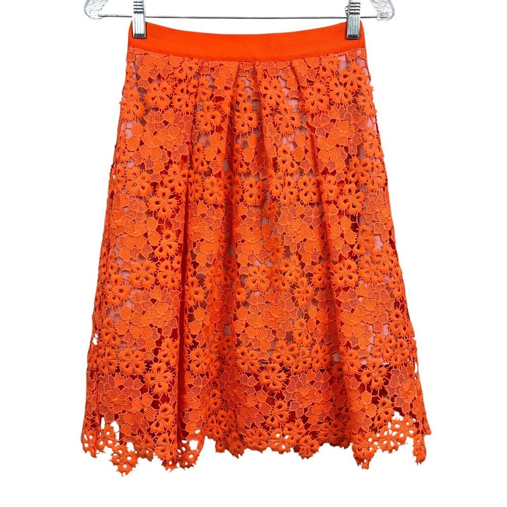 Whistles Women Lace Skirt Floral Eyelet Pleated Scalloped Hem Lined Orange Sz 2*